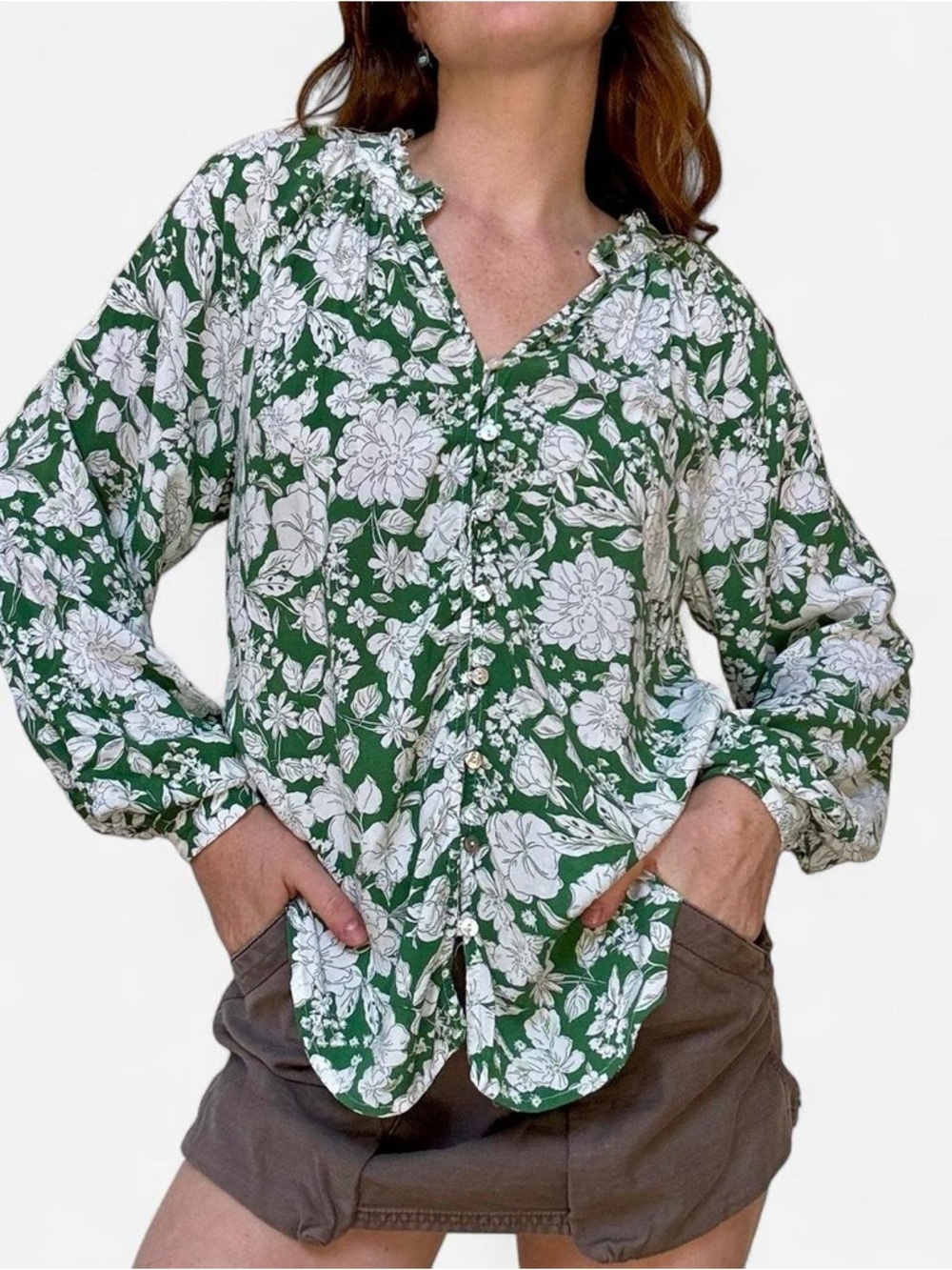 Green floral button up blouse